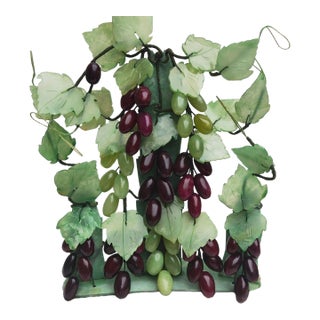 Vintage Serpentine Jade Grape Bonsai Sculpture – Gemstone Fruit on Carved Base For Sale