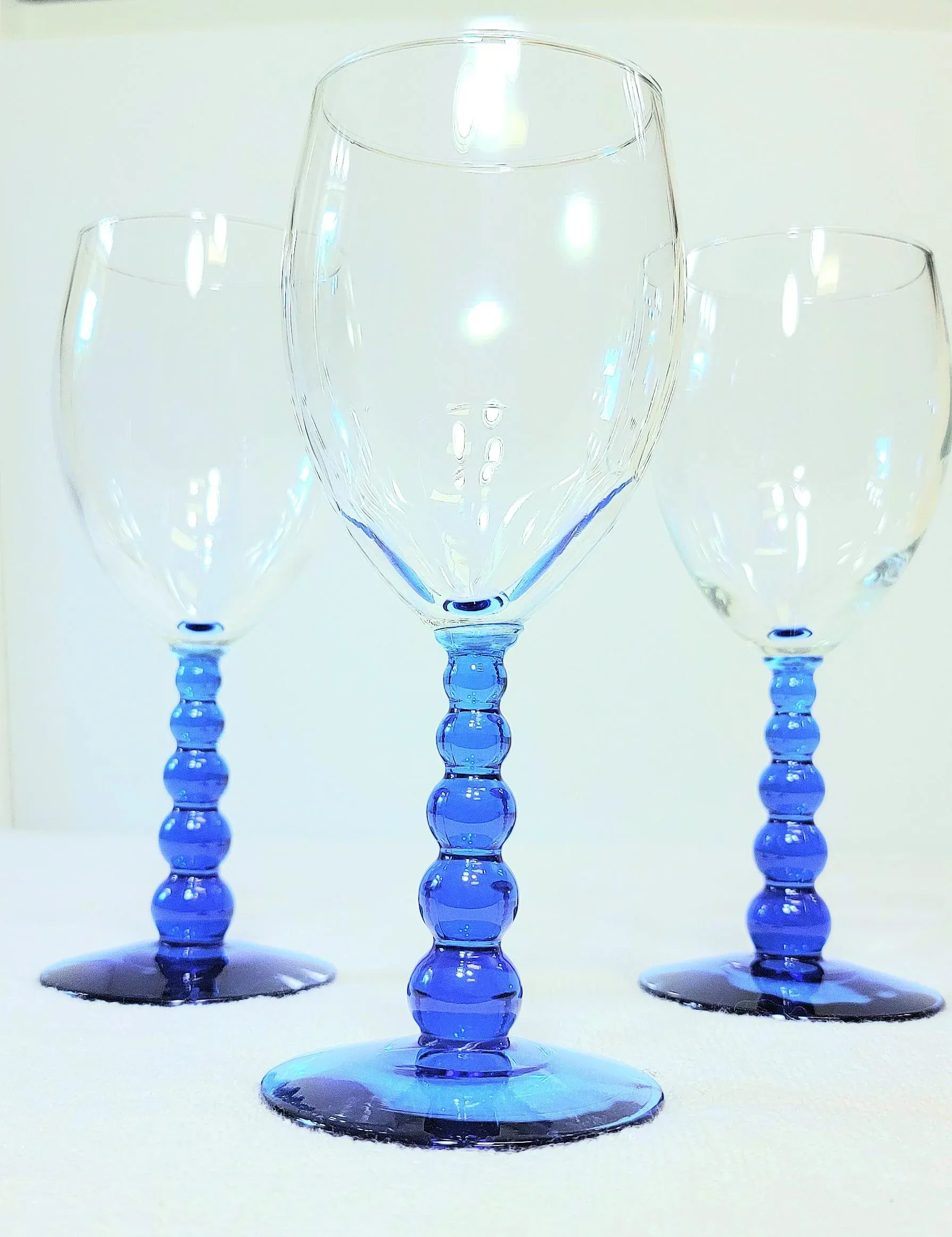 Late 20th Century Set of 3 Cobalt Blue Bubble Stem Wine Glasses