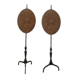 Pair of 1900s Edwardian Carved Mahogany and Needlepoint Pole Screens
