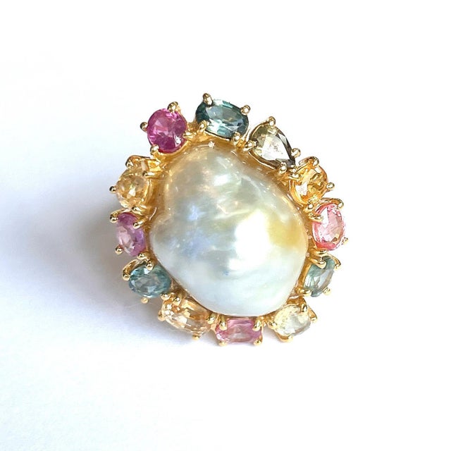 Bochic “Orient” Multi Color Fancy Sapphires & Pearl Ring Set 18K Gold & Silver Multi Color Pastel Fancy Sapphires from Sri...