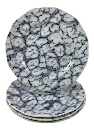 1830s Black and White Transferware Marble or Cracked Ice Ironstone Plates - Set of 4