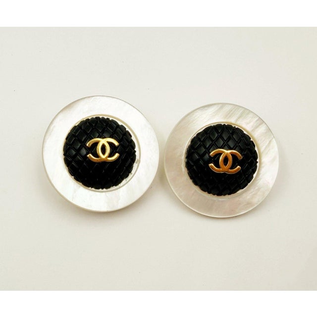 Contemporary Chanel Vintage Gold Plated CC Black Quilt Mother of Pearl XL Clip on Earrings, A Pair For Sale - Image 3 of 5