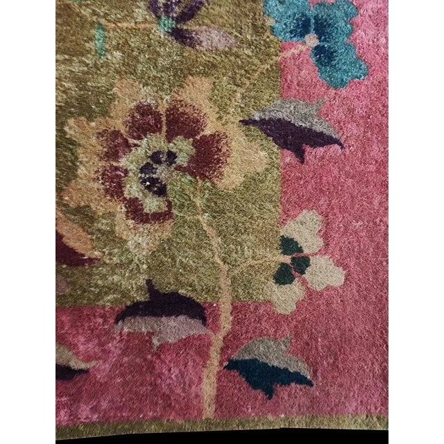 1920s Cute Pink-Cerise Grond Color With Central Floral Desing Antique Chinese Art Deco Rug For Sale - Image 5 of 5