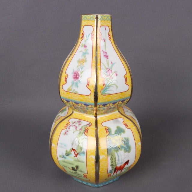 Mid 20th Century Famille Jaune Porcelain Double-Gourd Vase With Zodiac Motifs For Sale In New York - Image 6 of 9
