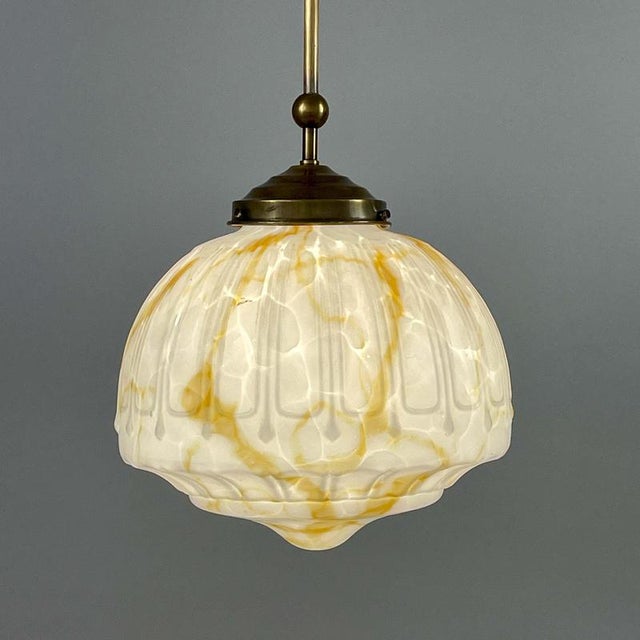 Art Deco Marbled Opaline Glass and Brass Pendant Light, Germany, 1930s For Sale - Image 9 of 18