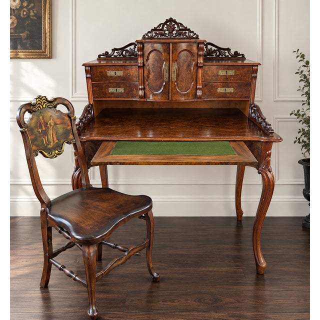 Bring timeless European elegance into your home with this stunning 19th-century ladies' secretary desk and matching hand-...