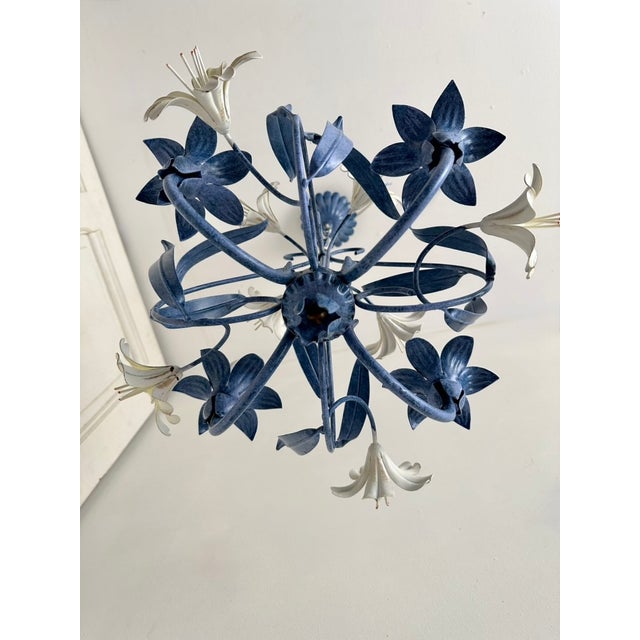 French Blue and White Tole Floral Cage 4-Light Chandelier, 1970s For Sale - Image 11 of 15