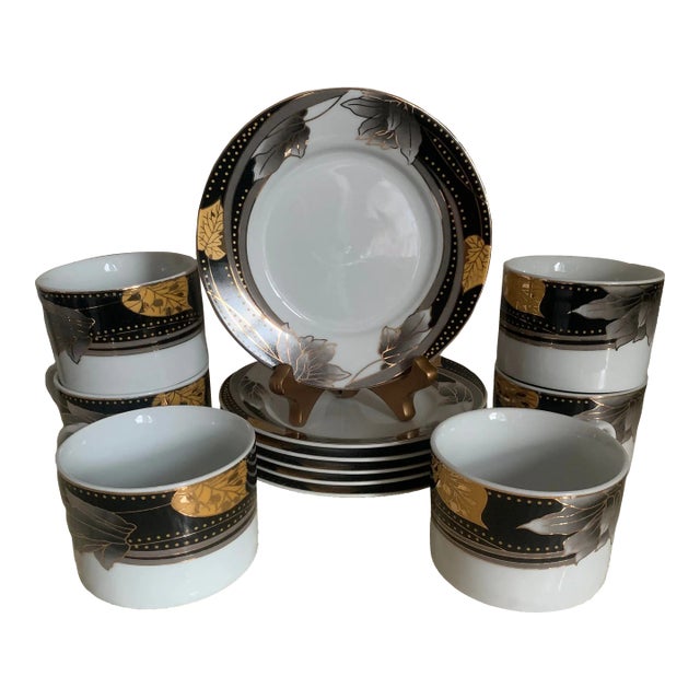 1980s Veroni Gold Black & Grey Cappuccino Cups & Saucers Service for 6 - 12 pcs For Sale