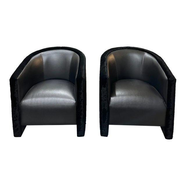 Mid 20th Century Mid-Century Modern Pair of Black Velvet and Vinyl Club Chairs For Sale