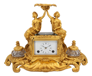Napoleon III French Desk Clock with Gilt Bronze Inkwell, 1890s