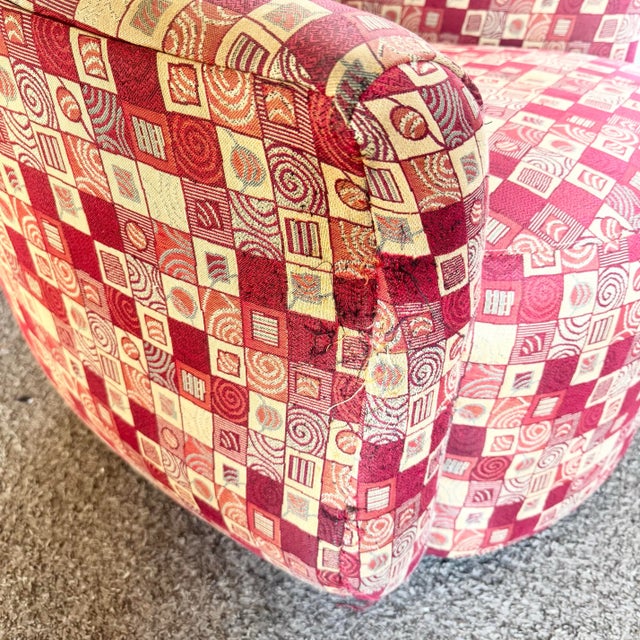 Postmodern Red and Gold Fabric Sculpted Swivel Arm Chairs - A Pair For Sale - Image 9 of 10