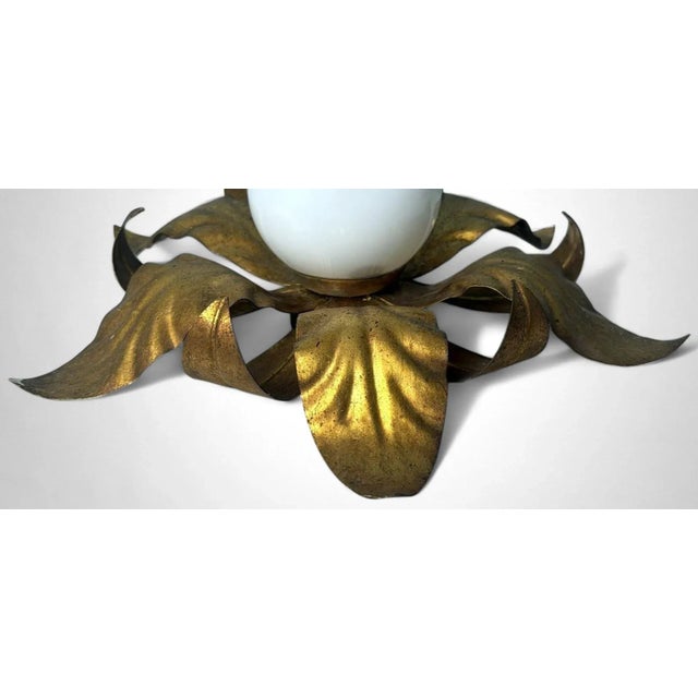 Mid 20th Century Italian Gilt Brass and Opaline Glass Flush Mount Ceiling or Wall Light For Sale - Image 10 of 18