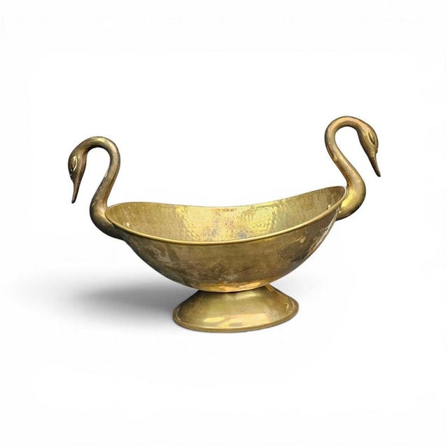 Oval Beaten Brass Dish with Swan Handles For Sale - Image 6 of 8