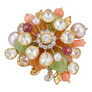 Natural Polki, Semi Precious, & Diamond Ring in 14k Gold, Size 3 For Sale