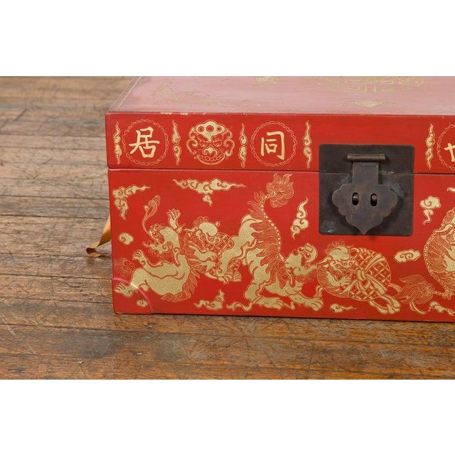 Wood Chinese Red Lacquered Blanket Chest with Gilt Motifs & Guardian Lions For Sale - Image 7 of 12