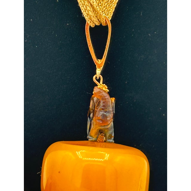 1940s Bakelite Amber Necklace W/ Tiger’s Eye Elephant Pendant & Gold Chain Tassels For Sale - Image 4 of 8