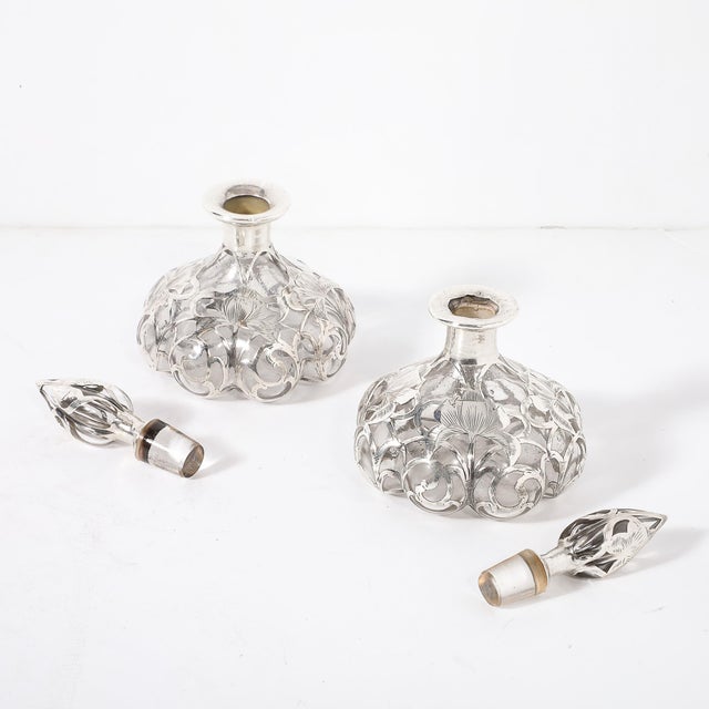 Metal Pair of Art Nouveau Fine Sterling Overlay Perfume Bottles Signed Steuben For Sale - Image 7 of 8