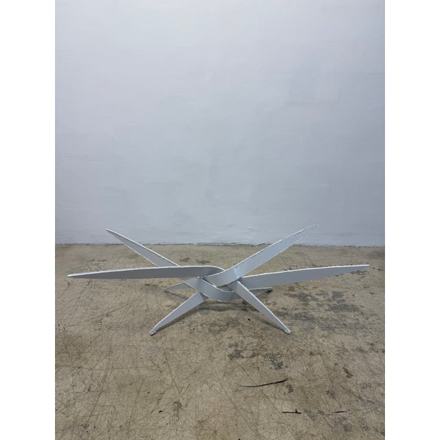 White lacquered torch cut steel coffee or cocktail table base attributed to Silas Seandel, 1960s. Base only, no glass....