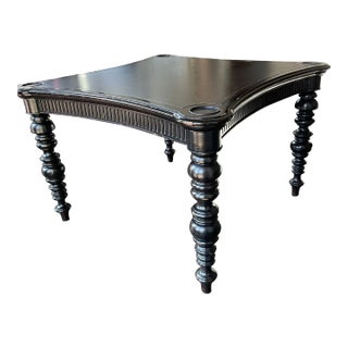 Vintage Dark Wood Cards Table With Gold Embossed Leather Top For Sale