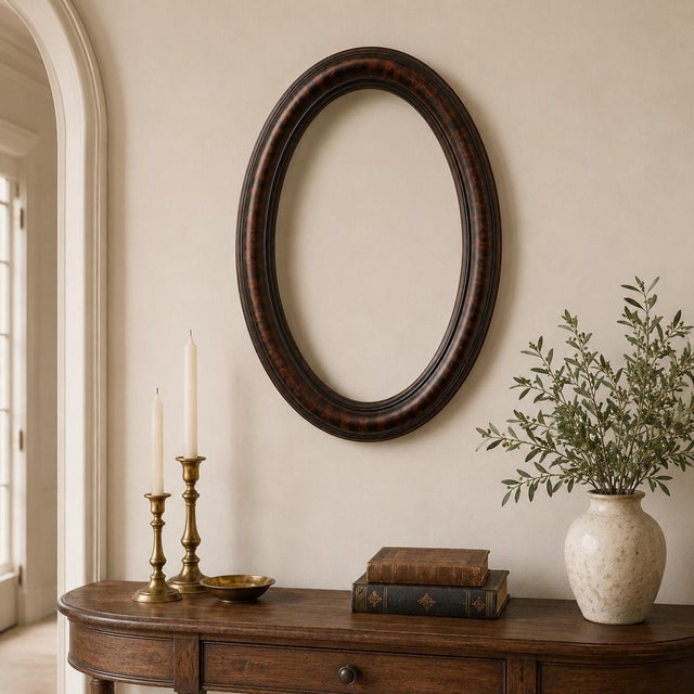 Wood 1930 Oval Wood Picture Frame Surround 24" Faux Tortoise Shell, Old World Portrait Display For Sale - Image 7 of 13