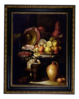 Giovanni Perna, Italian Still Life with Fruits, Pottery, and Silver Tray, 1970s, Oil on Canvas, Framed