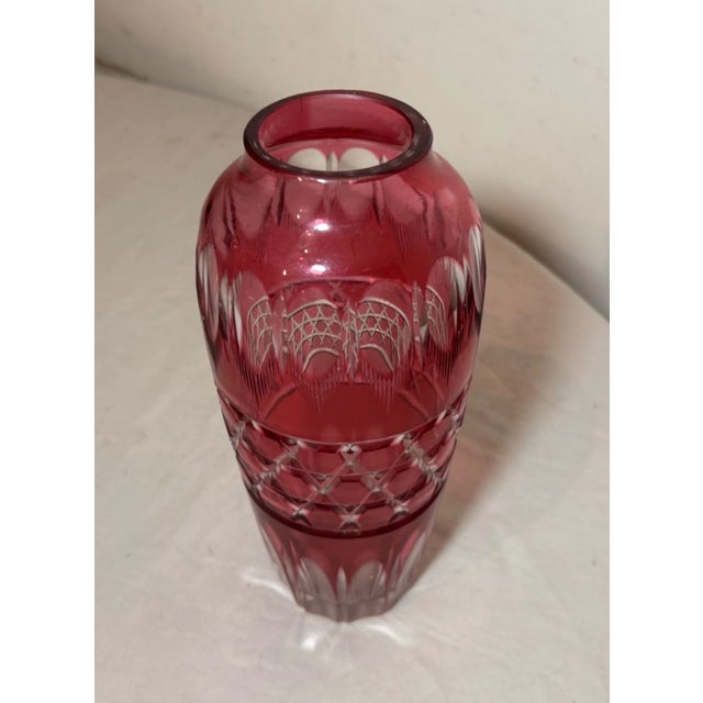 Vintage Handmade Red Cranberry Czech Cut to Clear Crystal Glass Ornate Vase For Sale - Image 4 of 8