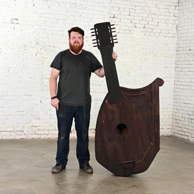 1850-1950 Folk Art Rustic Wood Guitar Harp Decorative Wall Hanging or Sculpture For Sale - Image 12 of 12