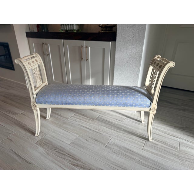 French Provincial Late 19th Century French Directoire Style Painted Bench With Light Blue Upholstery For Sale - Image 3 of 10
