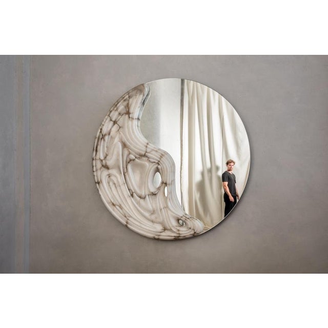 Large Fossil Moon Wall Mirror in Alabaster and Glass Mirror by Amarist Studio For Sale - Image 13 of 17