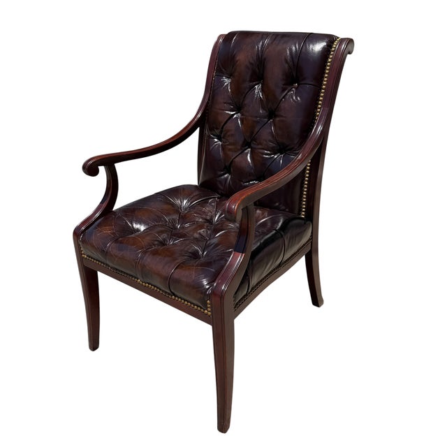 Traditional Regency Style English Tufted Leather Mahogany Arm Chair - 1 of 2 For Sale - Image 3 of 5