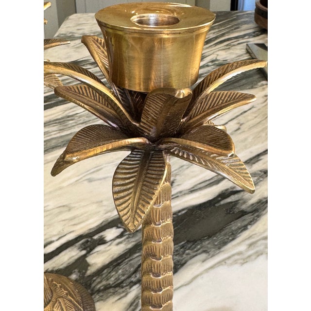 1970s Made in India British Colonial Solid Brass Palm Tree Candle Holders - A Pair For Sale - Image 5 of 9