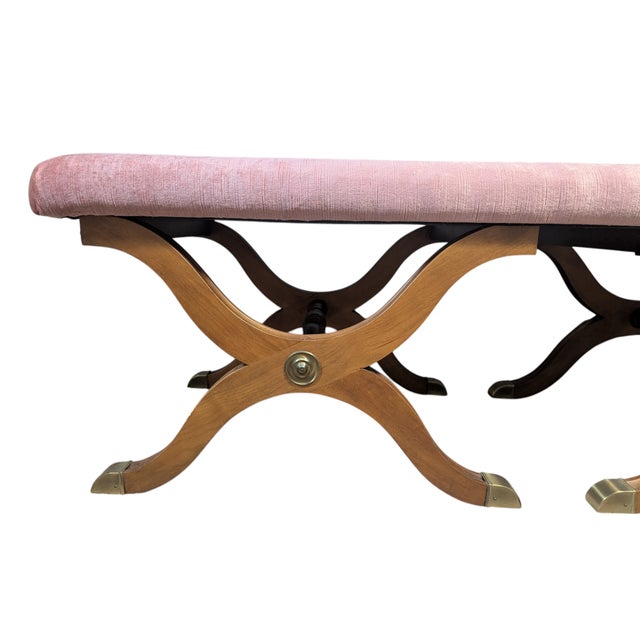 Vintage Dorothy Draper Espana Pink Velvet Bench With Curule Legs For Sale - Image 10 of 15