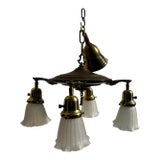 Vintage Brass Four Arm Pan Fixture With Vintage Shades For Sale