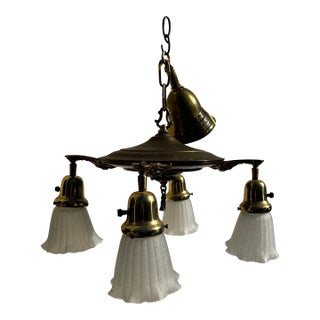 Vintage Brass Four Arm Pan Fixture With Vintage Shades For Sale