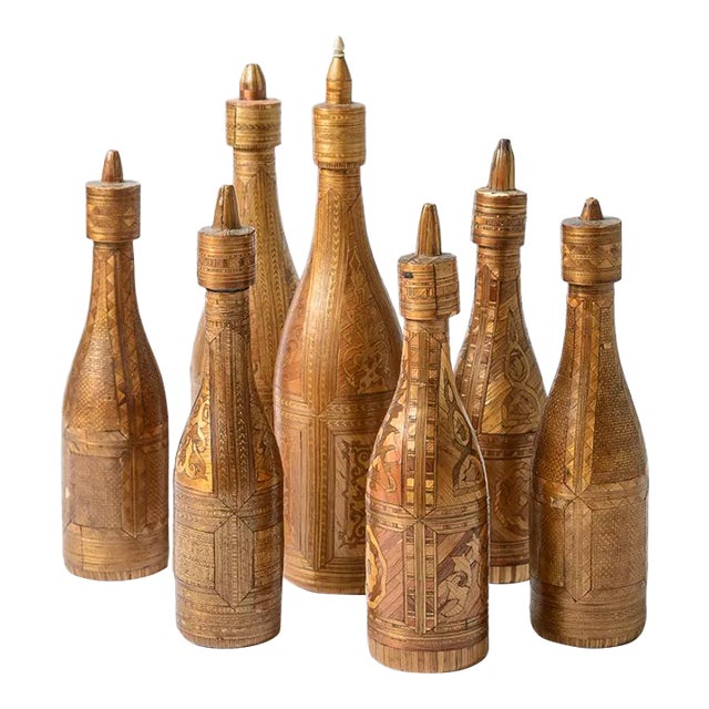 Napoleonic Collection of Straw Art on Glass Bottles, 18Th C. Set of 7 For Sale