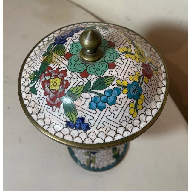 High Quality Antique Handmade Chinese Enamel Bronze Cloisonné Lidded Urn Jar For Sale - Image 12 of 13
