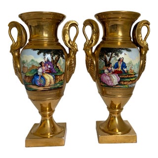 19th Century French Old Paris Gilt Porcelain Swan-Handle Urn Vases – Pair For Sale