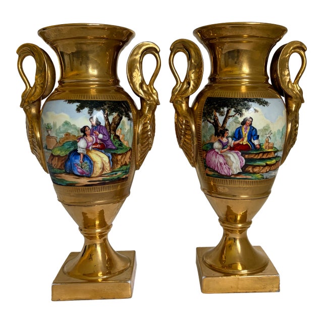 19th Century French Old Paris Gilt Porcelain Swan-Handle Urn Vases – Pair For Sale