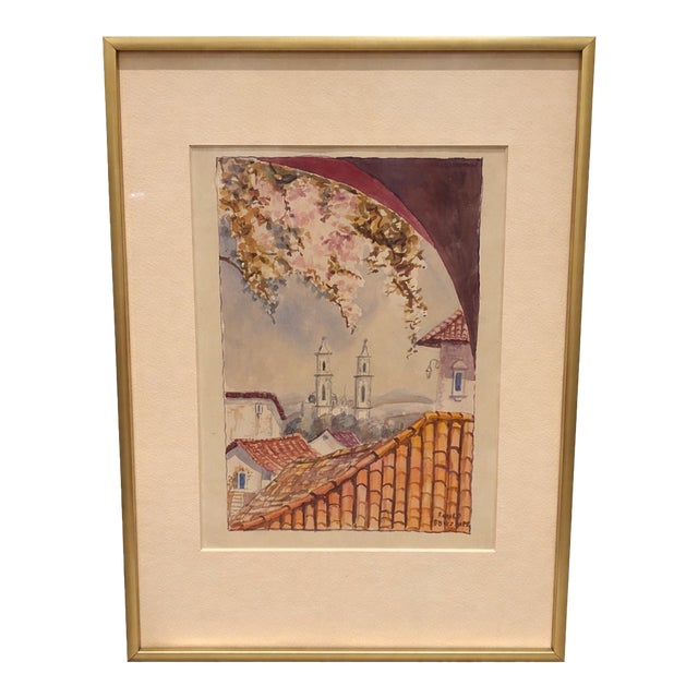 Vintage 1950s Watercolor by Ramiro Gonzalez – Framed European Architectural Scene For Sale