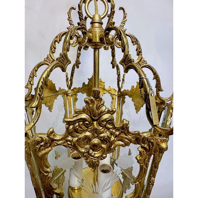 Bronze 1930s Vintage Bronze Lantern With Etched Glass Panels For Sale - Image 8 of 9