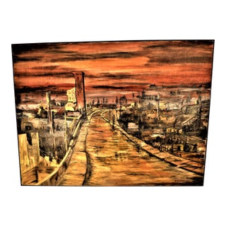 1970s Original Expressionist Oil Painting "Holocaust" by Geraldine J. Vanderbeek – Large Signed Post-War Cityscape For Sale