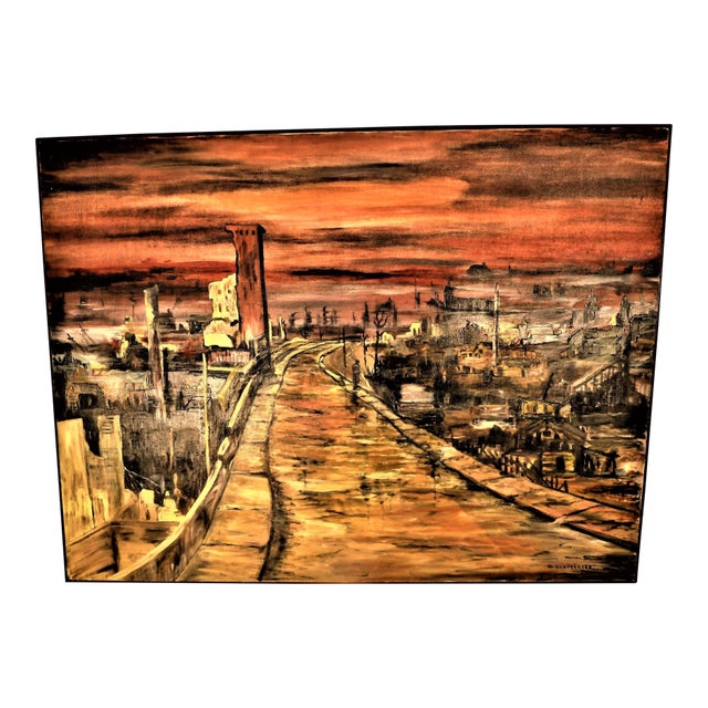 1970s Original Expressionist Oil Painting "Holocaust" by Geraldine J. Vanderbeek – Large Signed Post-War Cityscape For Sale