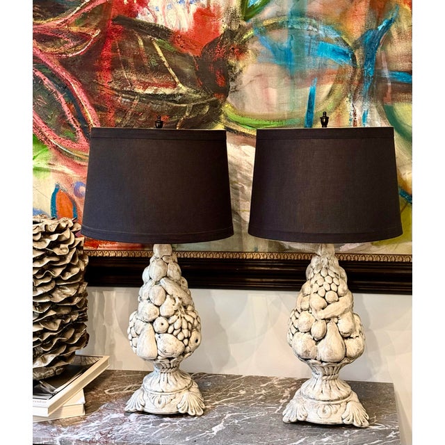 Monumental Vintage 1970’s Majolica Porcelain Fruit Topiary Lamp in the Manner of Casa Pupo, Antique Wash Over Blanc De Chine- A Pair For Sale - Image 11 of 12