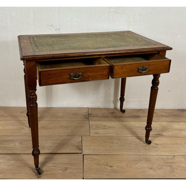 1930s Antique English Style Wooden Writing Table with Leather Top and Drawers, 1930s For Sale - Image 5 of 13