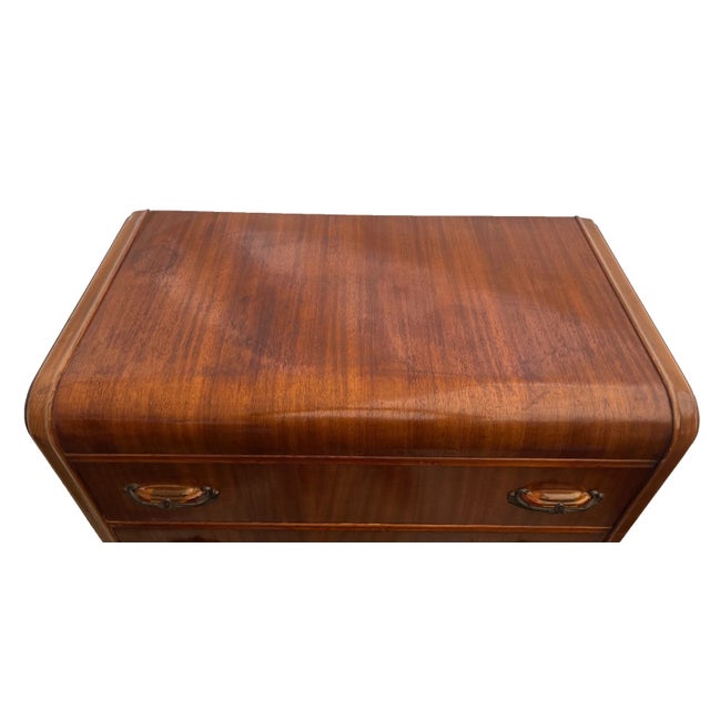 Wood Vintage 1940s Art Deco Dresser Chest Five Drawers Waterfall Top Bakelite Pulls For Sale - Image 7 of 14