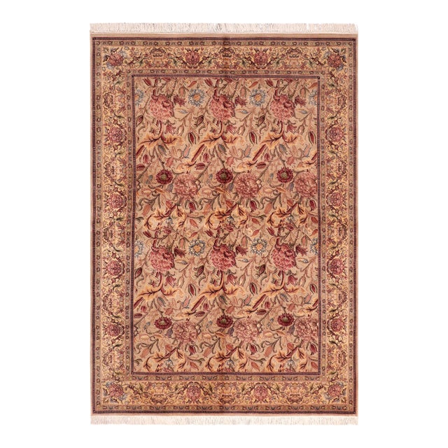 Shabby Chic 1990's Floral Pak-Persian Taupe/Pink Wool Rug - 6'0'' X 8'9'' For Sale