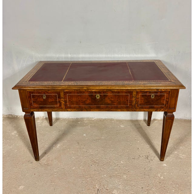 French Louis XVI Style Walnut Writing Desk With Leather Top, Early 20th Century For Sale - Image 6 of 9