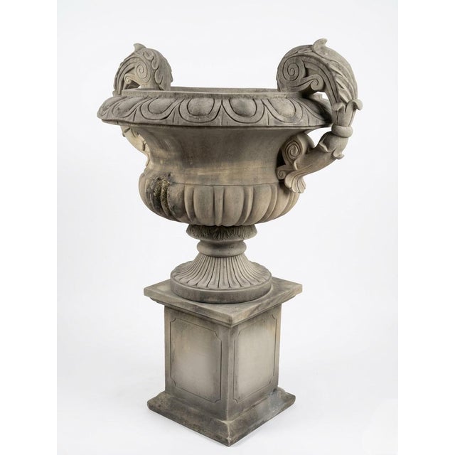 A Pair of Grand Neoclassical Cast Stone Urns on Paneled Pedestals For Sale In West Palm - Image 6 of 12