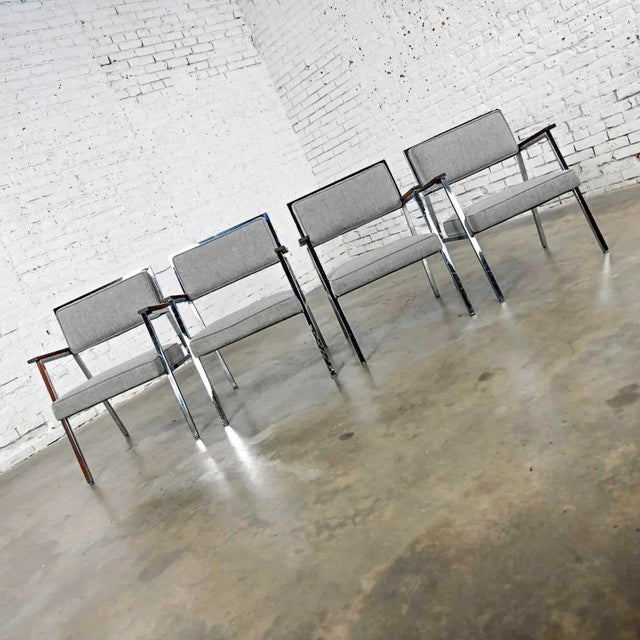 Handsome set of four chrome frame and gray fabric armchairs with walnut armrests by Steelcase. Beautiful condition,...