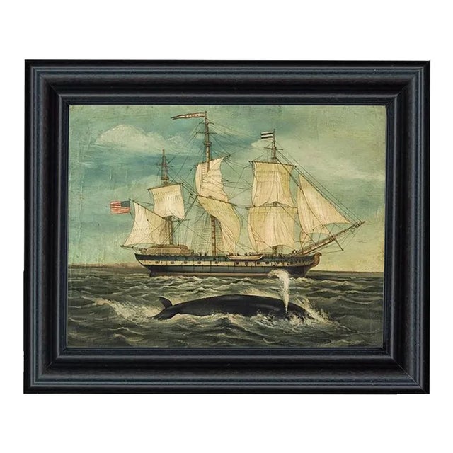 Whaling Ship With Whale Print Behind Glass in Black Wood Frame For Sale